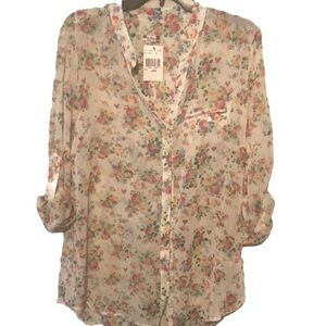 Kut semi sheer blouse off white with roses, medium
